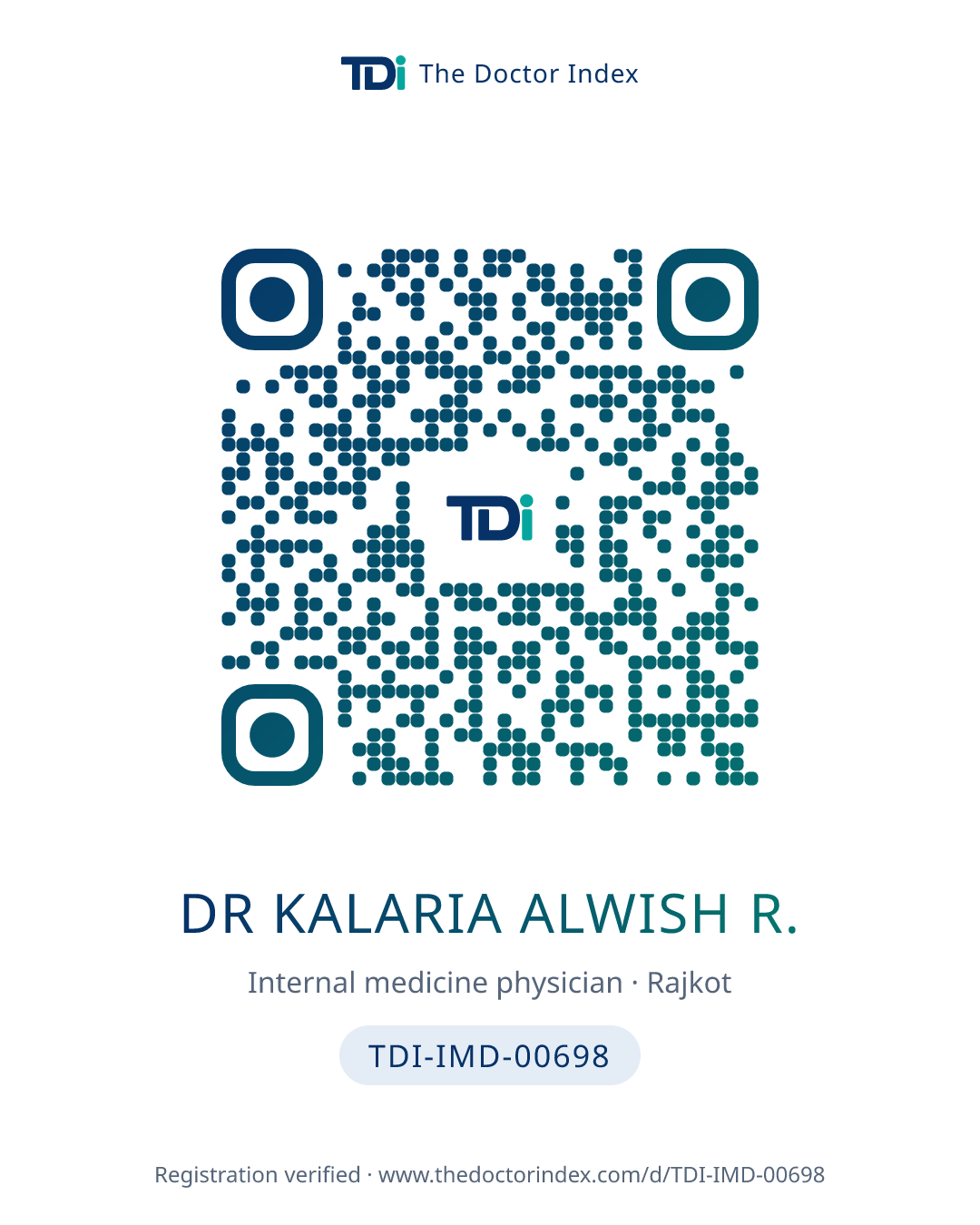 QR card for Dr Kalaria Alwish R., TDI-IMD-00698