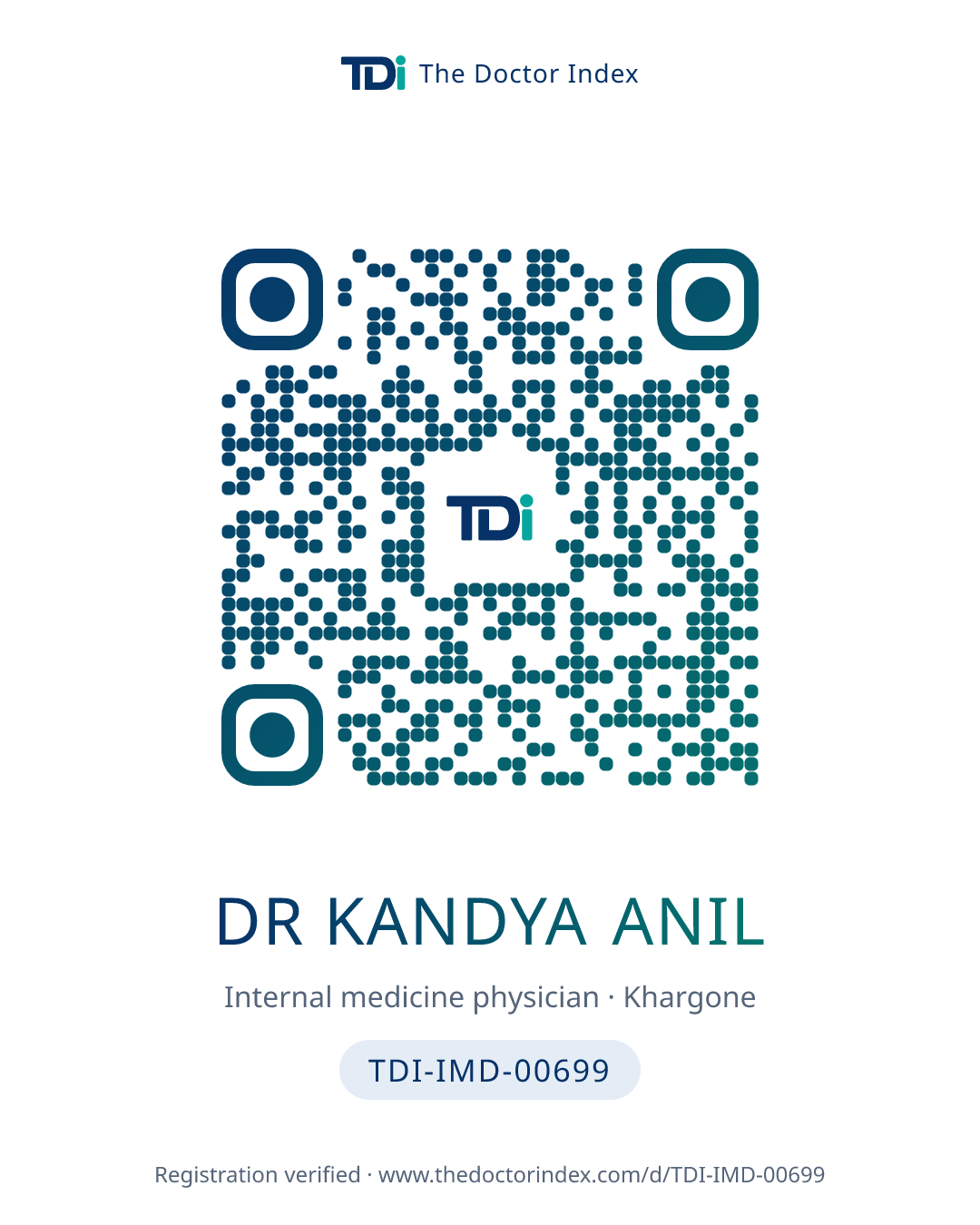 QR card for Dr Kandya Anil, TDI-IMD-00699