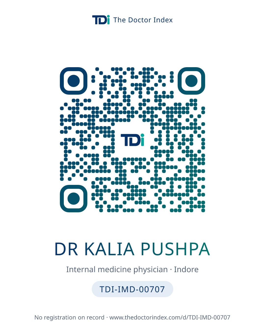 QR card for Dr Kalia Pushpa, TDI-IMD-00707