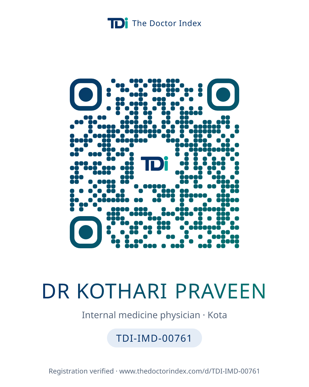 QR card for Dr Kothari Praveen, TDI-IMD-00761