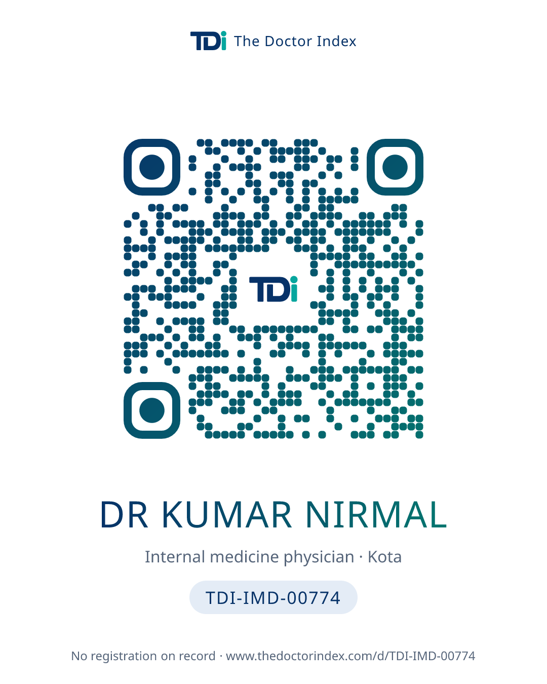 QR card for Dr Kumar Nirmal, TDI-IMD-00774