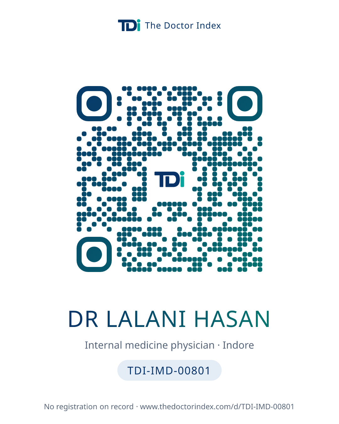 QR card for Dr Lalani Hasan, TDI-IMD-00801