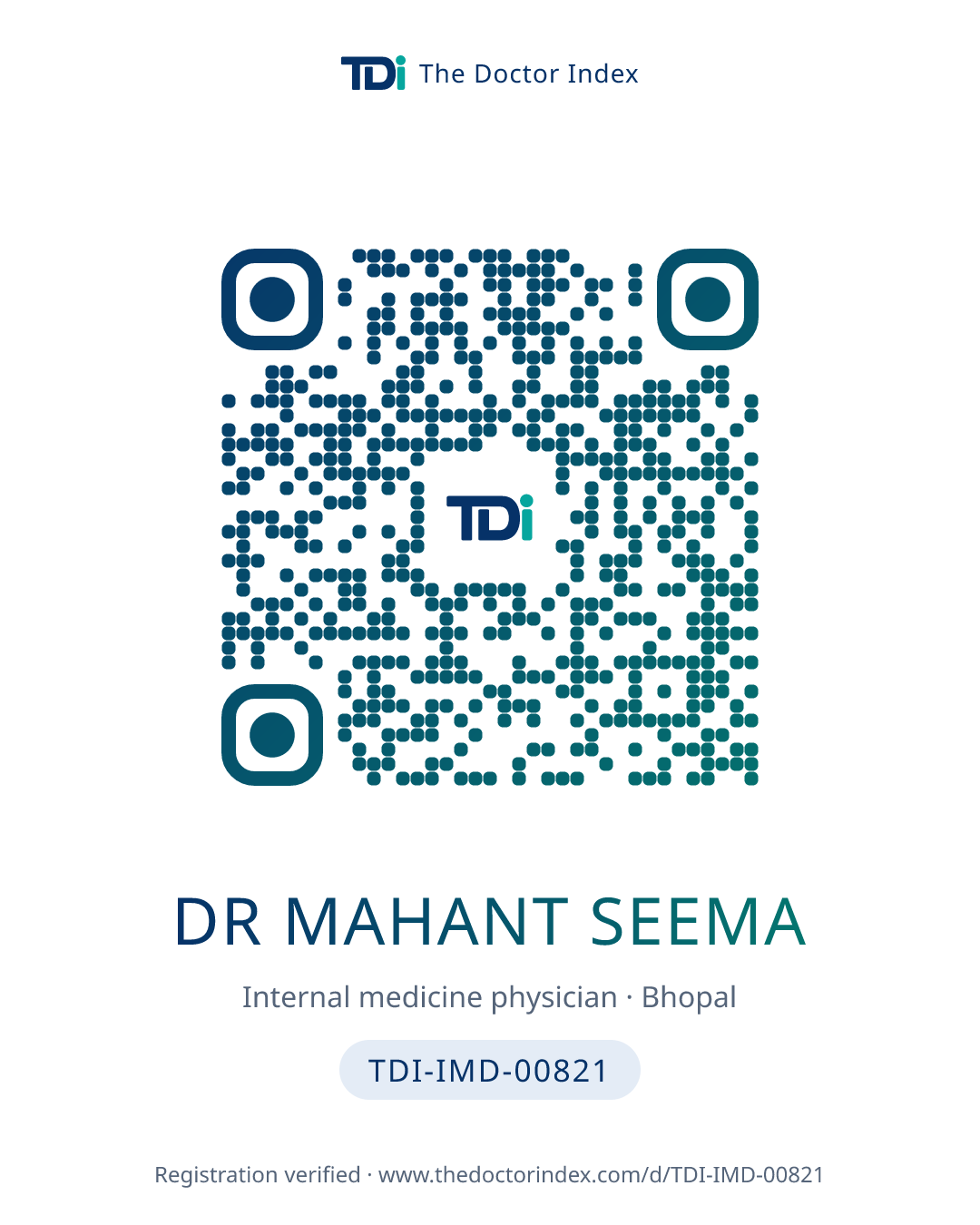 QR card for Dr Mahant Seema, TDI-IMD-00821