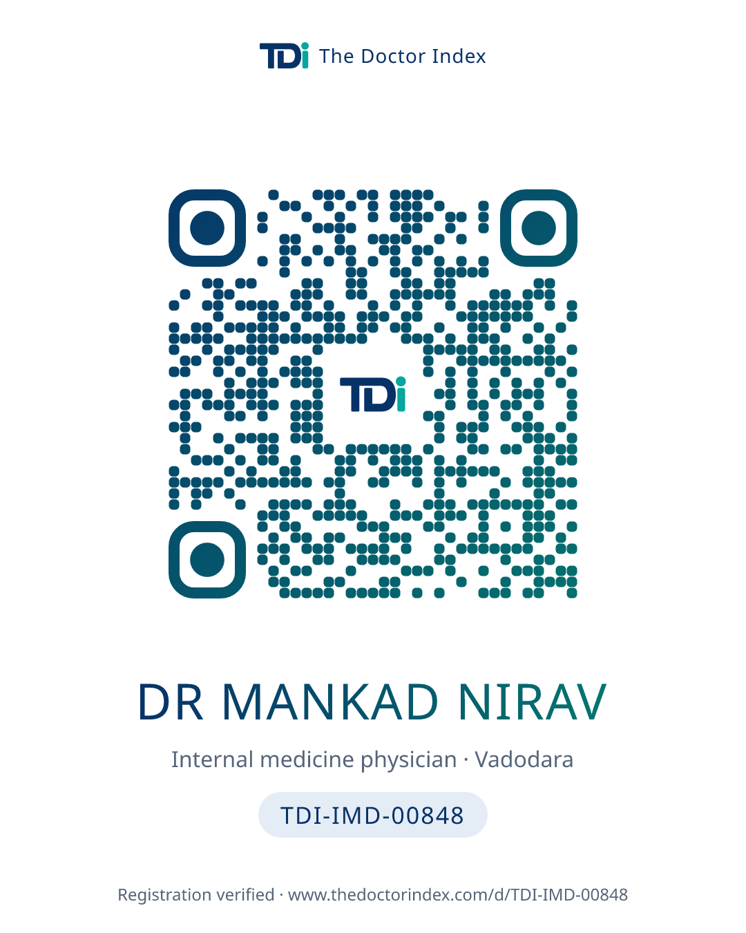 QR card for Dr Mankad Nirav, TDI-IMD-00848