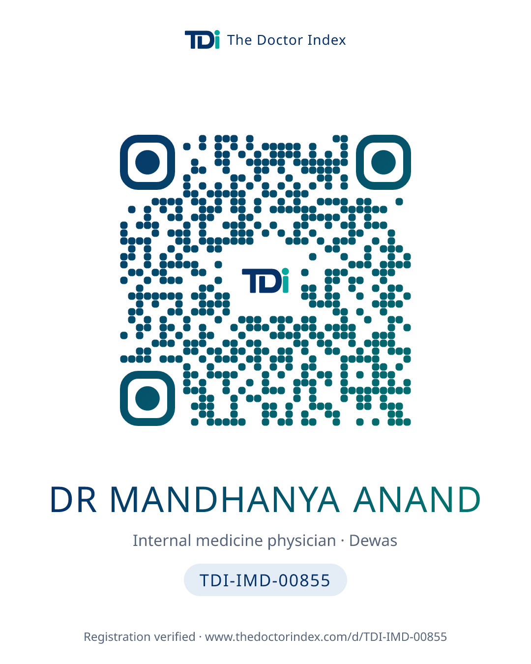 QR card for Dr Mandhanya Anand, TDI-IMD-00855