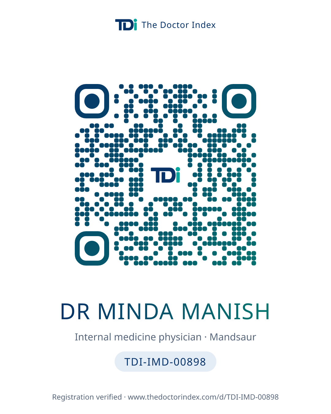 QR card for Dr Minda Manish, TDI-IMD-00898