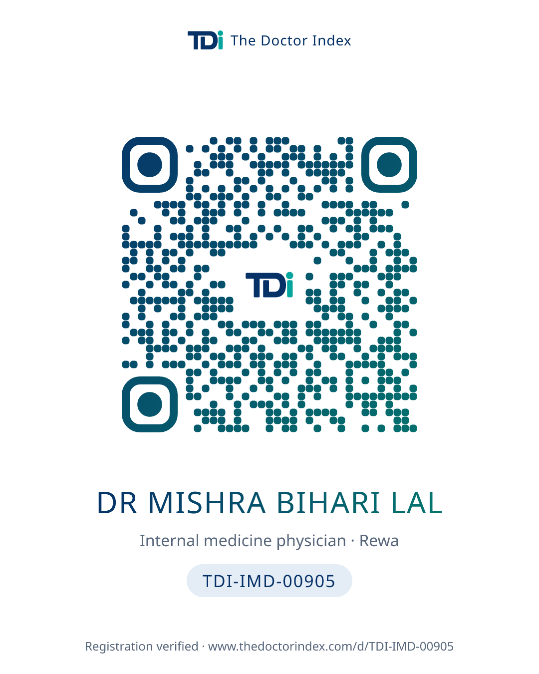 QR card for Dr Mishra Bihari Lal, TDI-IMD-00905