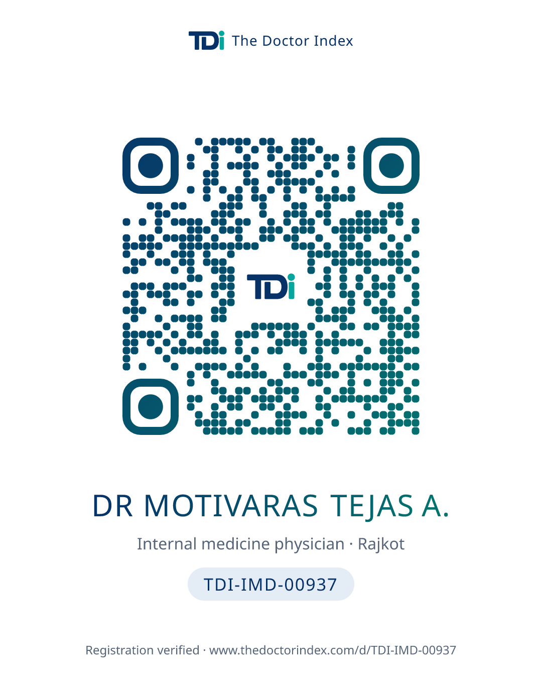 QR card for Dr Motivaras Tejas A., TDI-IMD-00937