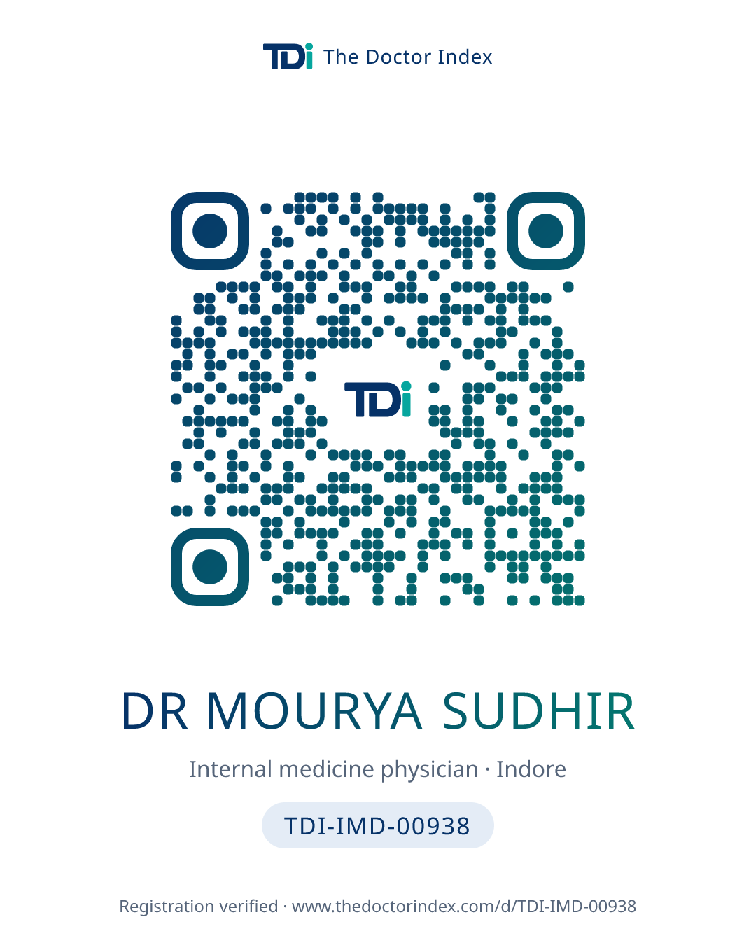 QR card for Dr Mourya Sudhir, TDI-IMD-00938