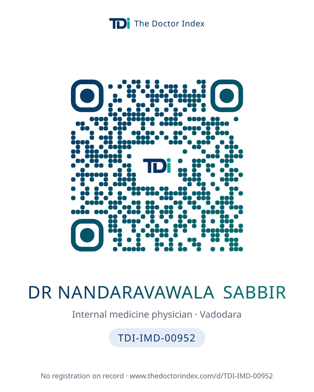 QR card for Dr Nandaravawala Sabbir, TDI-IMD-00952