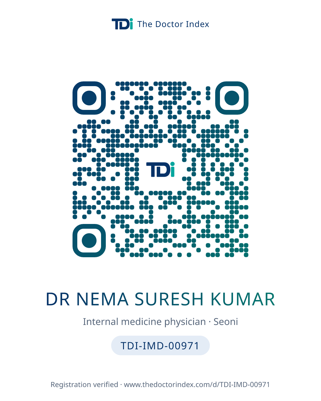 QR card for Dr Nema Suresh Kumar, TDI-IMD-00971