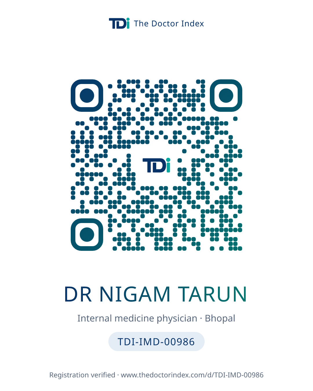 QR card for Dr Nigam Tarun, TDI-IMD-00986