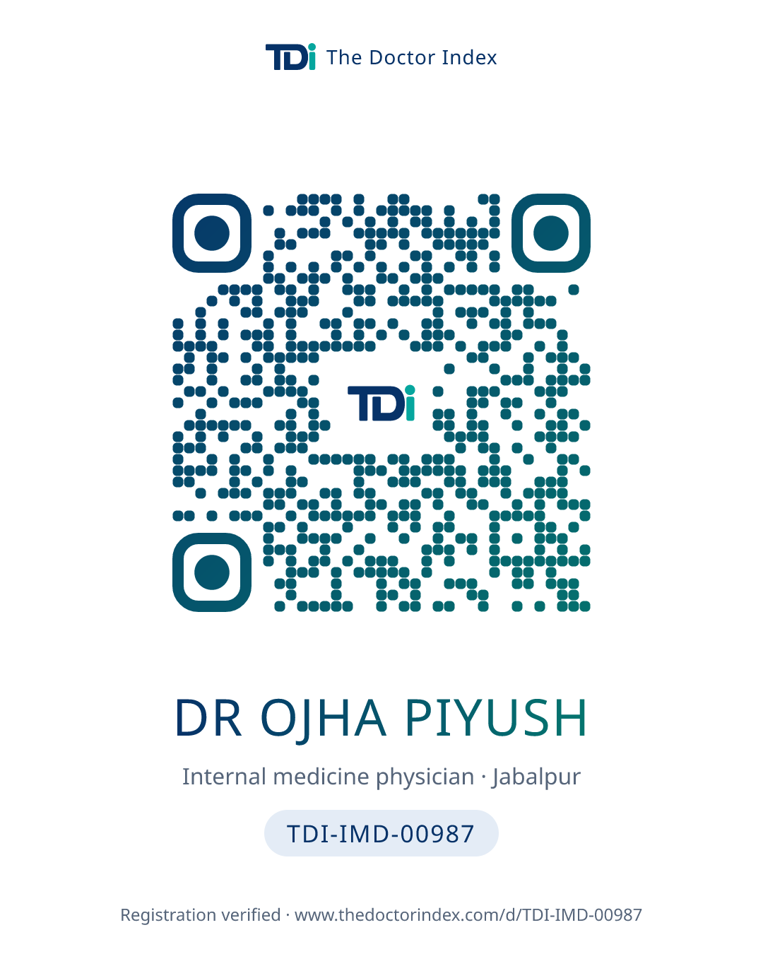 QR card for Dr Ojha Piyush, TDI-IMD-00987