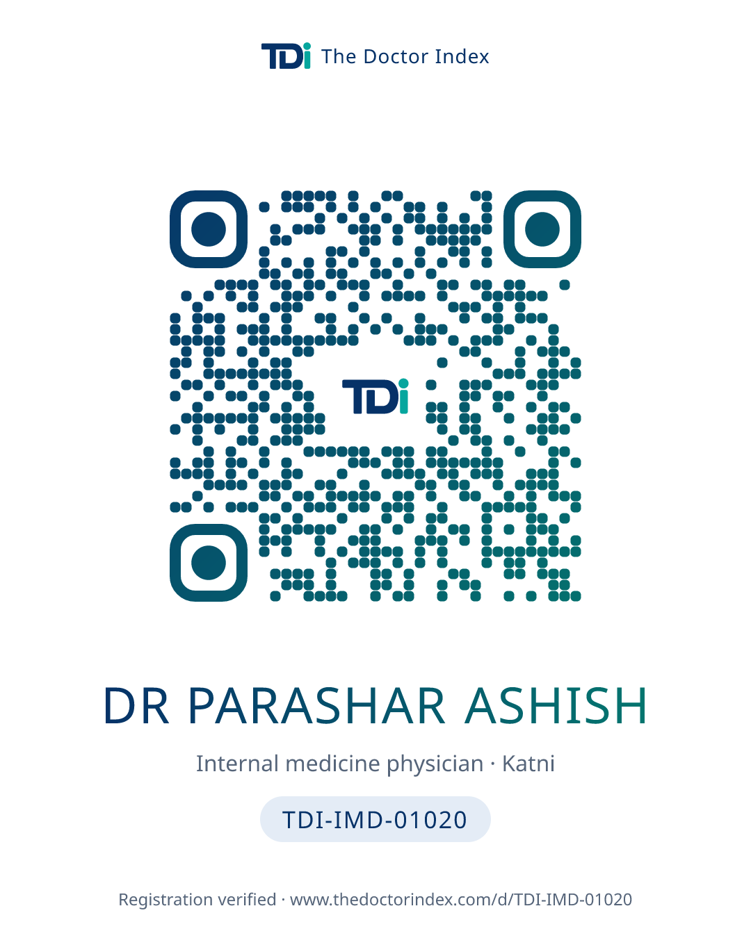 QR card for Dr Parashar Ashish, TDI-IMD-01020