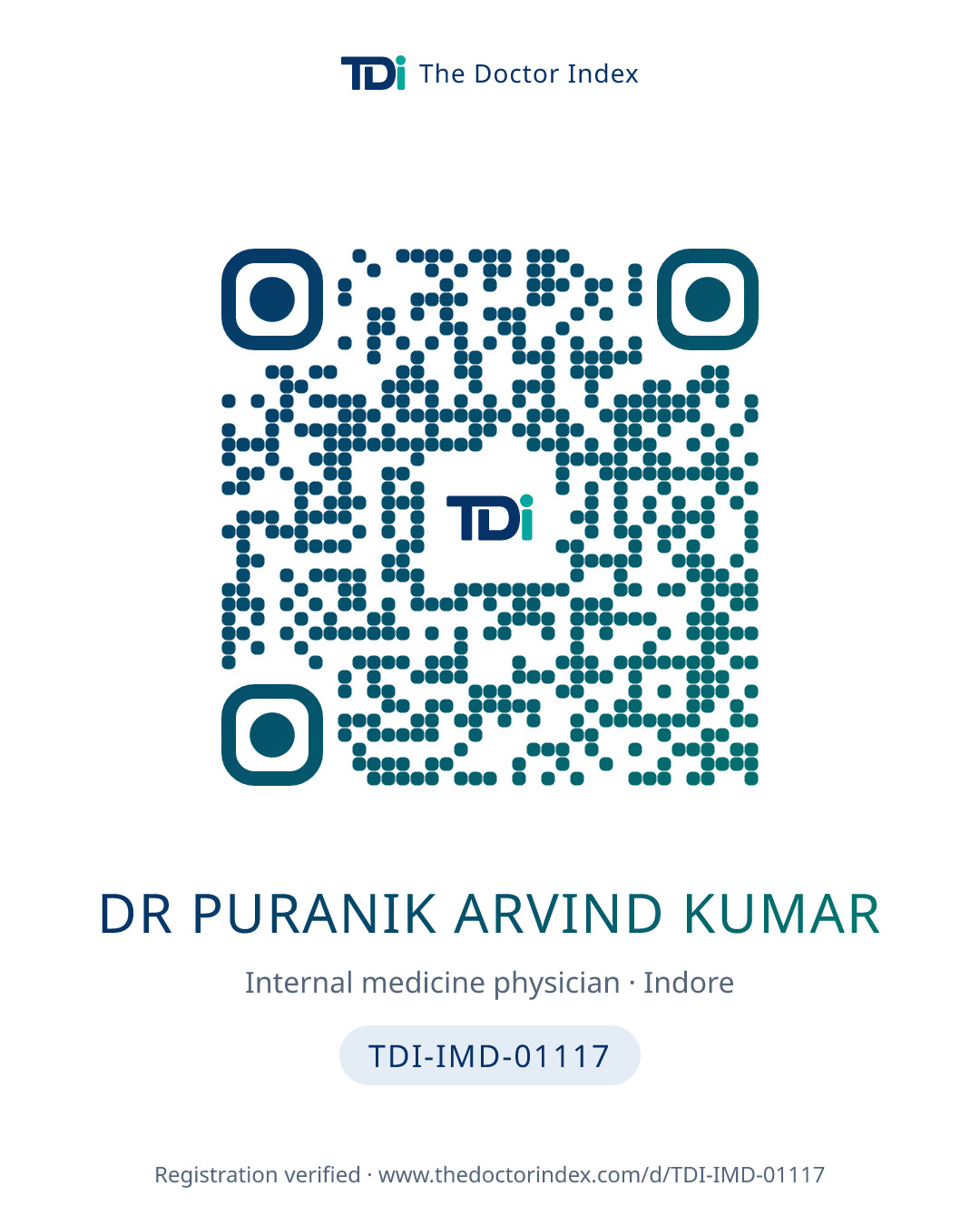 QR card for Dr Puranik Arvind Kumar, TDI-IMD-01117
