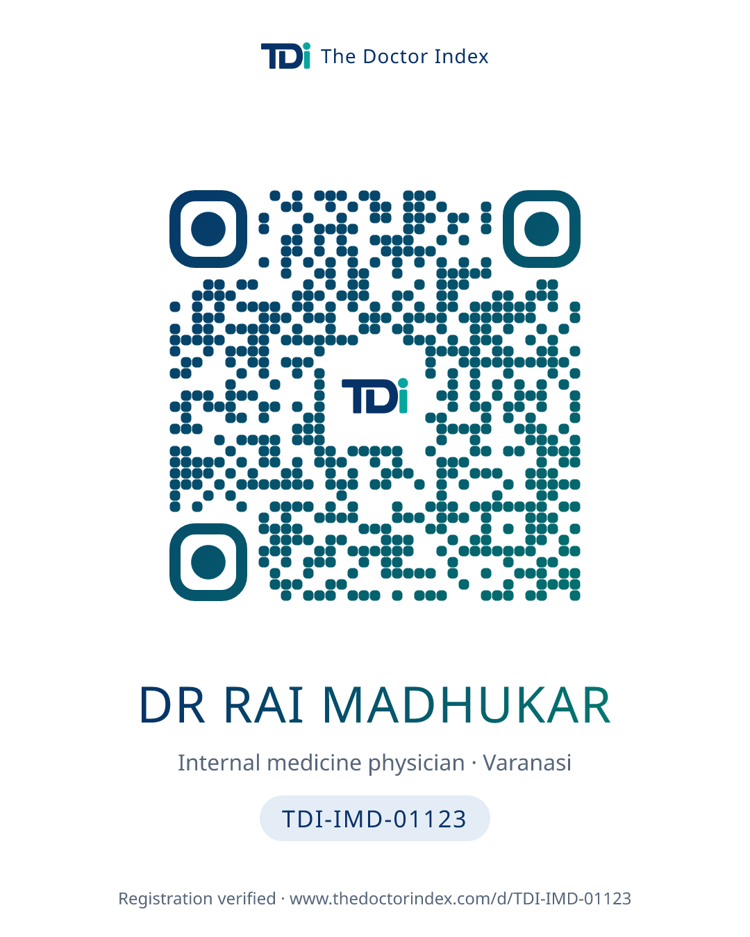 QR card for Dr Rai Madhukar, TDI-IMD-01123