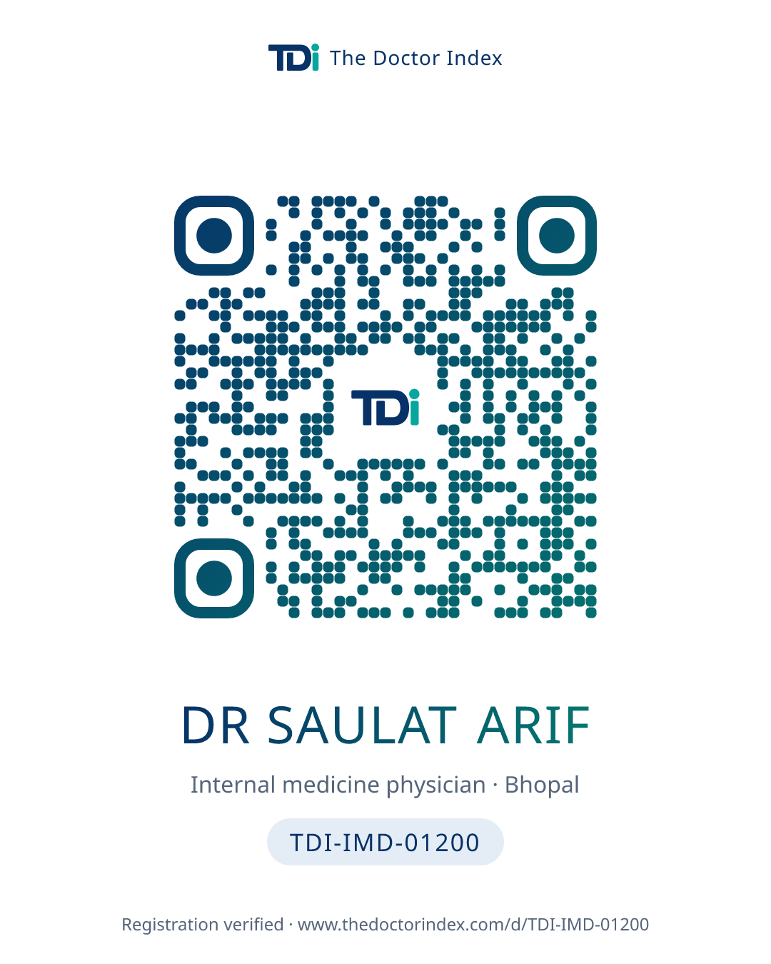QR card for Dr Saulat Arif, TDI-IMD-01200