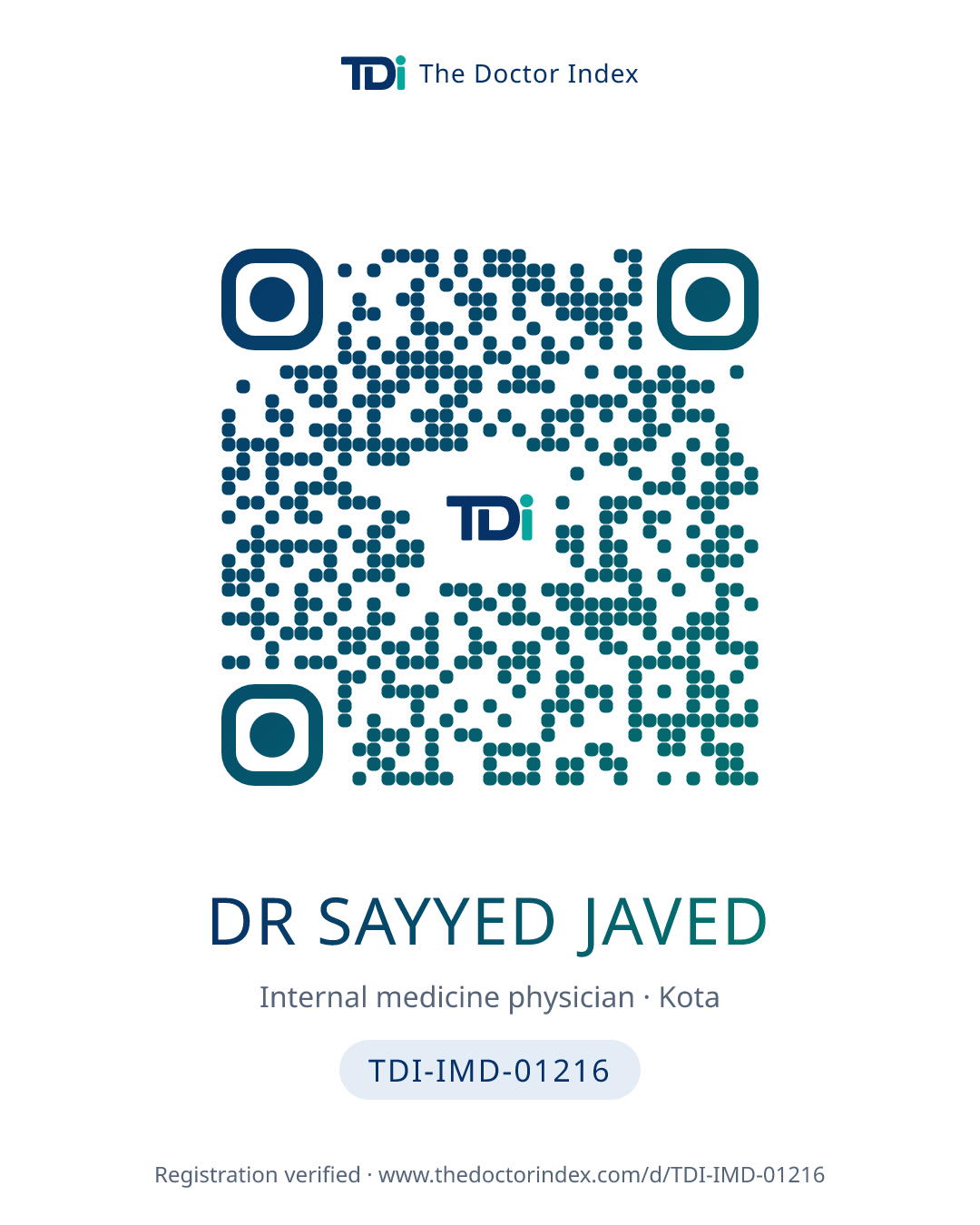 QR card for Dr Sayyed Javed, TDI-IMD-01216