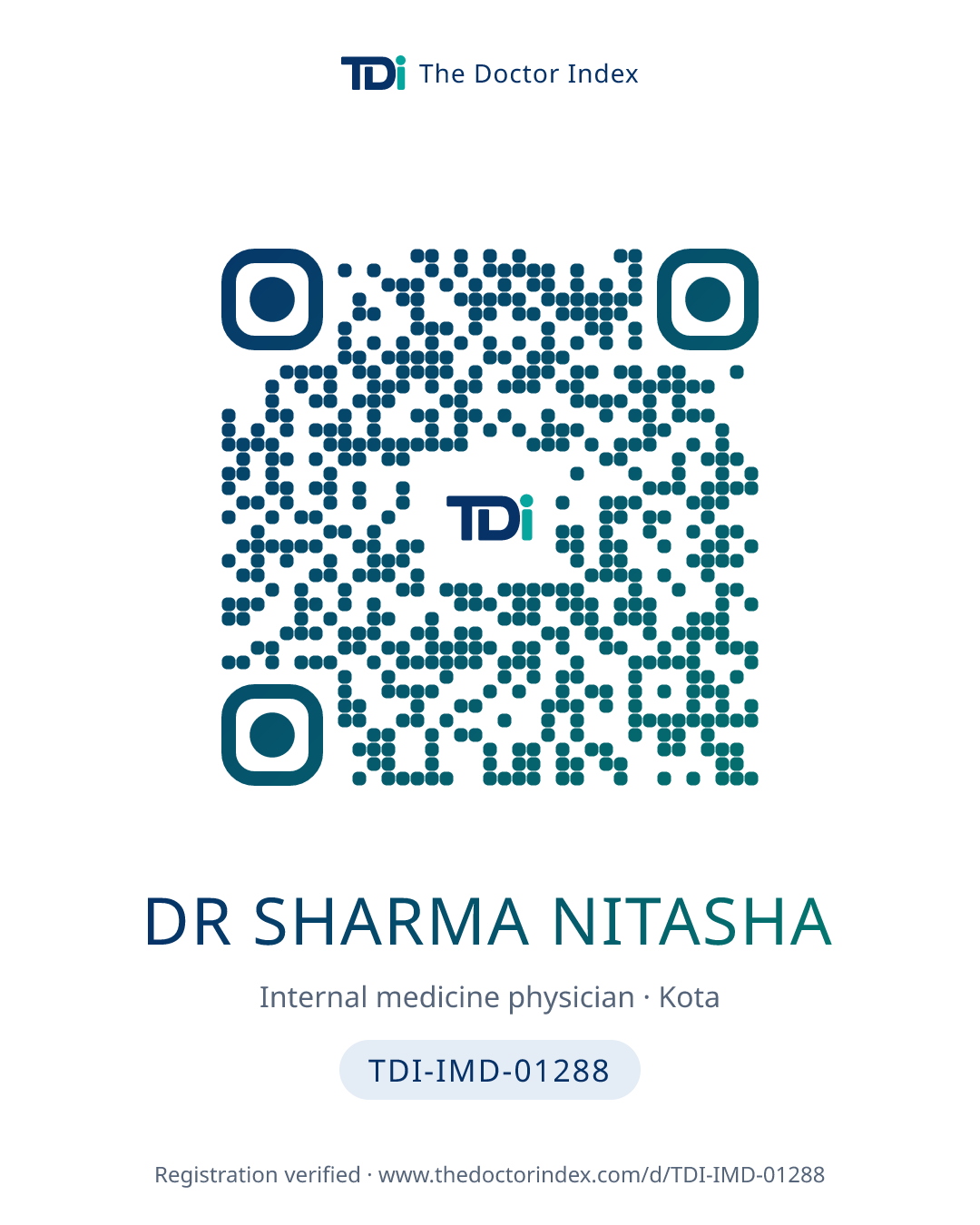 QR card for Dr Sharma Nitasha, TDI-IMD-01288