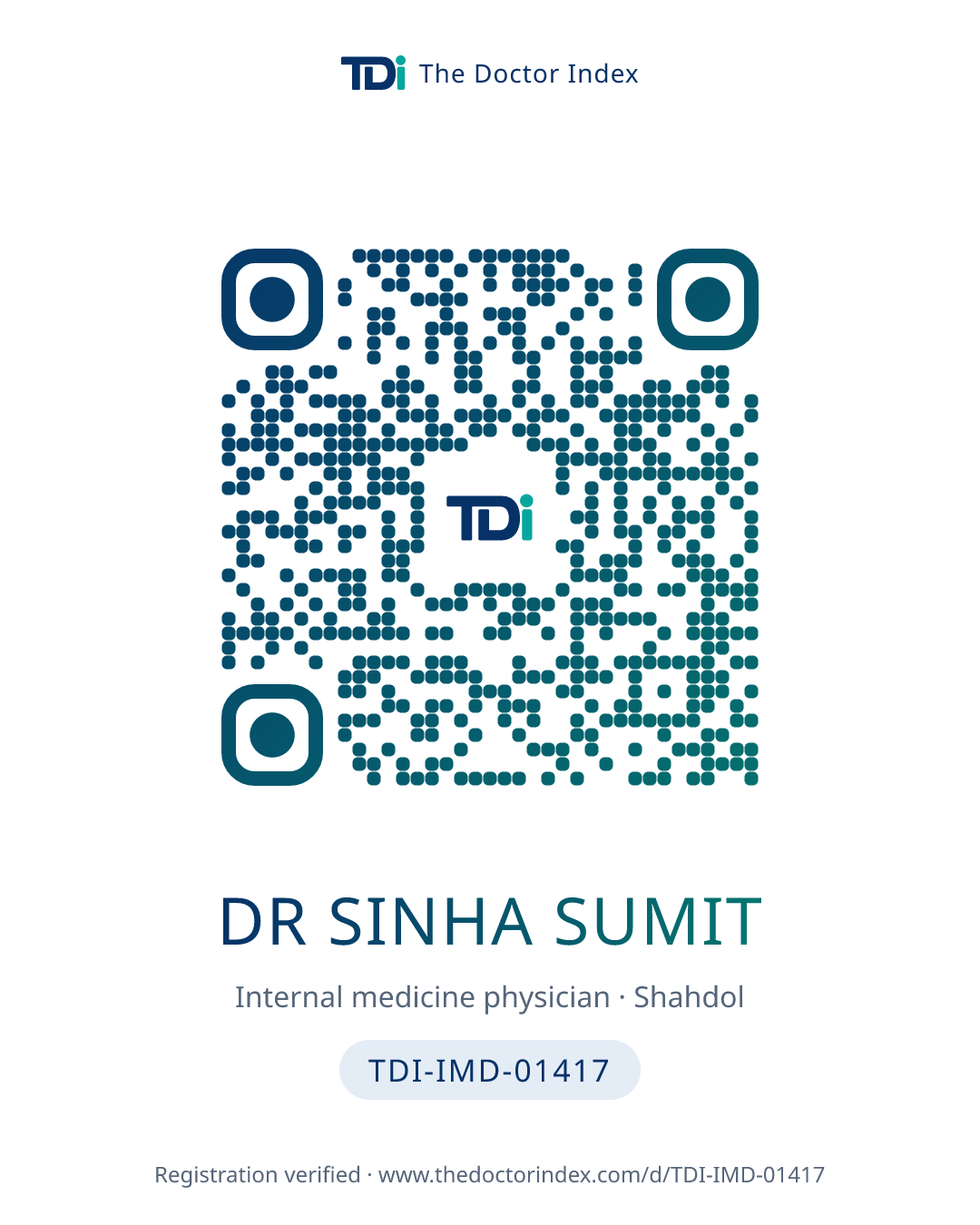 QR card for Dr Sinha Sumit, TDI-IMD-01417