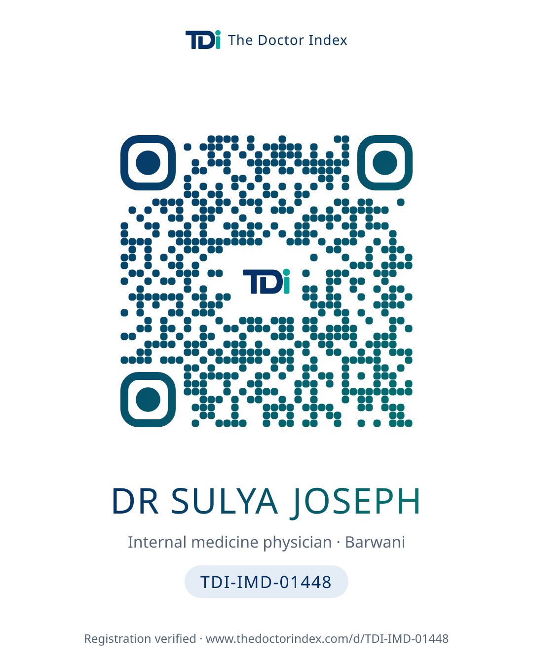 QR card for Dr Sulya Joseph, TDI-IMD-01448