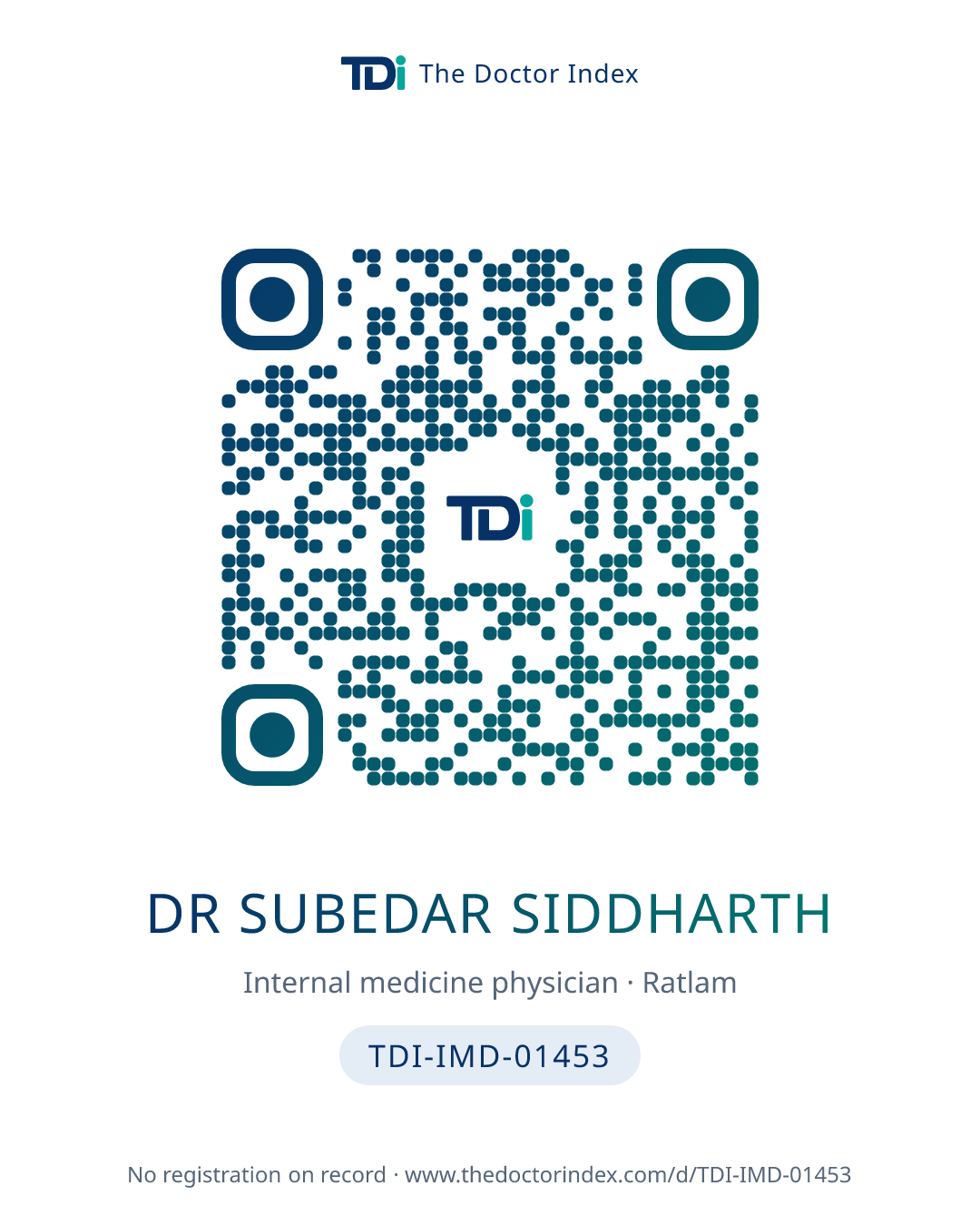QR card for Dr Subedar Siddharth, TDI-IMD-01453