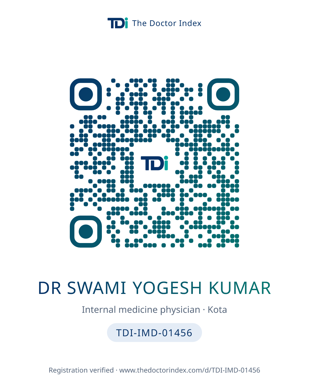 QR card for Dr Swami Yogesh Kumar, TDI-IMD-01456