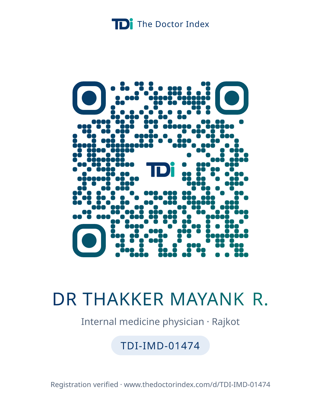 QR card for Dr Thakker Mayank R., TDI-IMD-01474