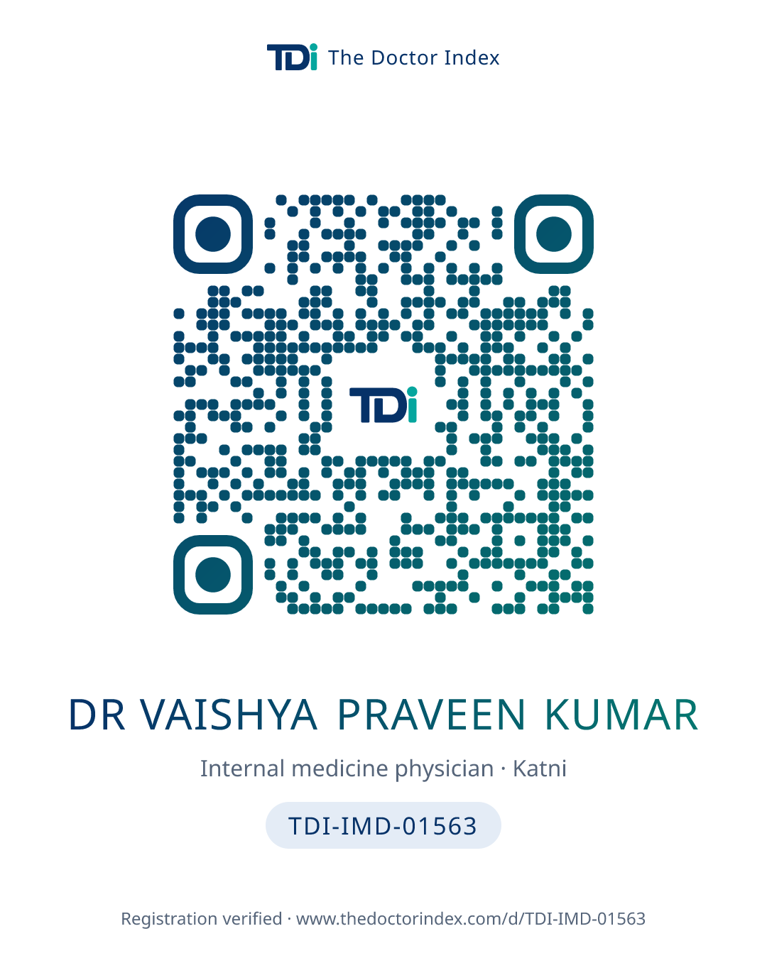 QR card for Dr Vaishya Praveen Kumar, TDI-IMD-01563