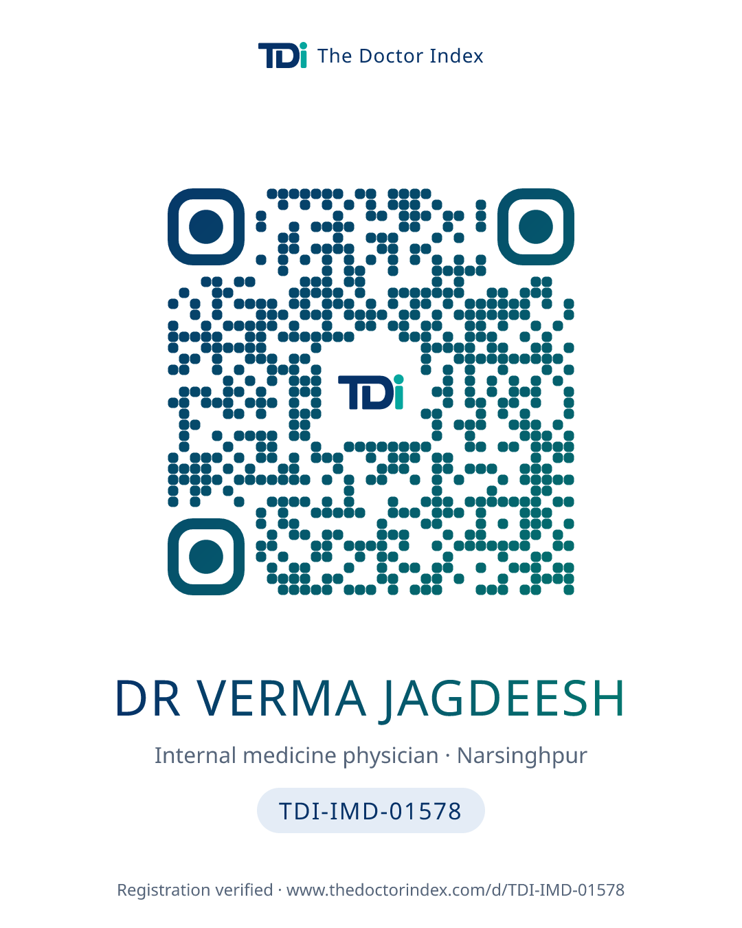 QR card for Dr Verma Jagdeesh, TDI-IMD-01578