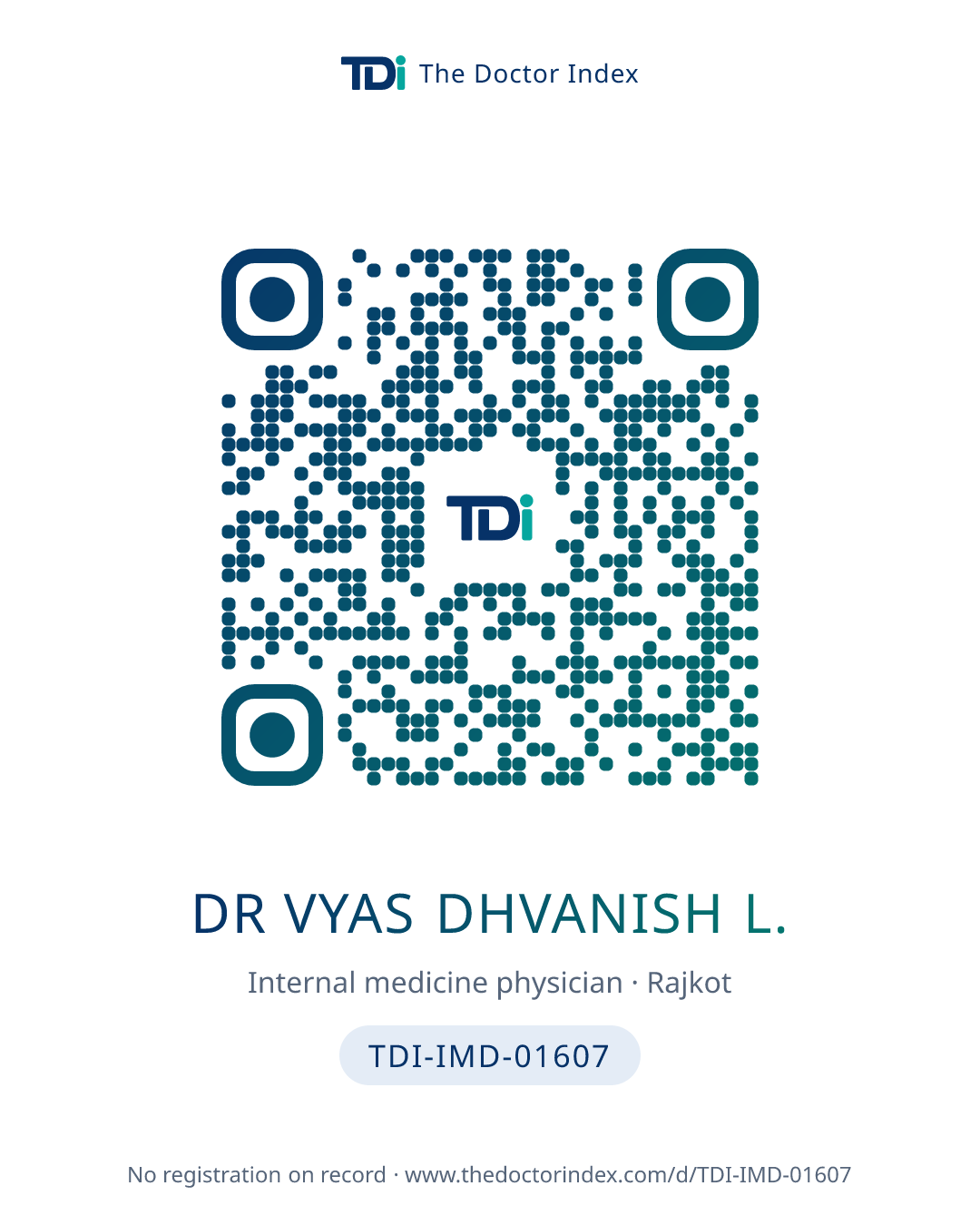 QR card for Dr Vyas Dhvanish L., TDI-IMD-01607