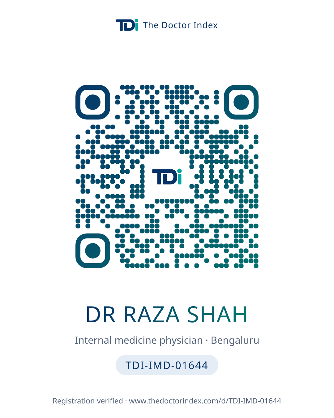 QR card for Dr Raza Shah, TDI-IMD-01644