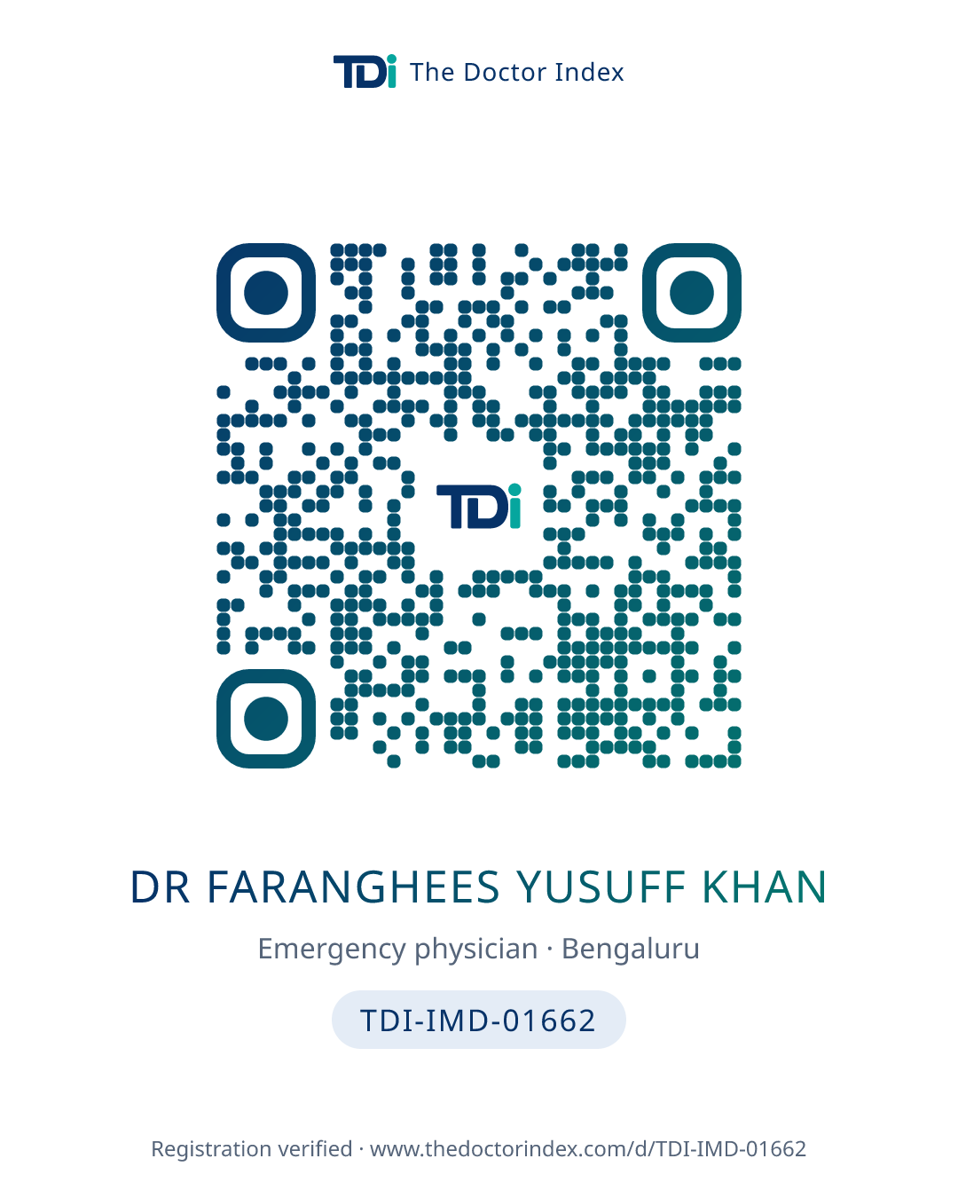 QR card for Dr Faranghees Yusuff Khan, TDI-IMD-01662