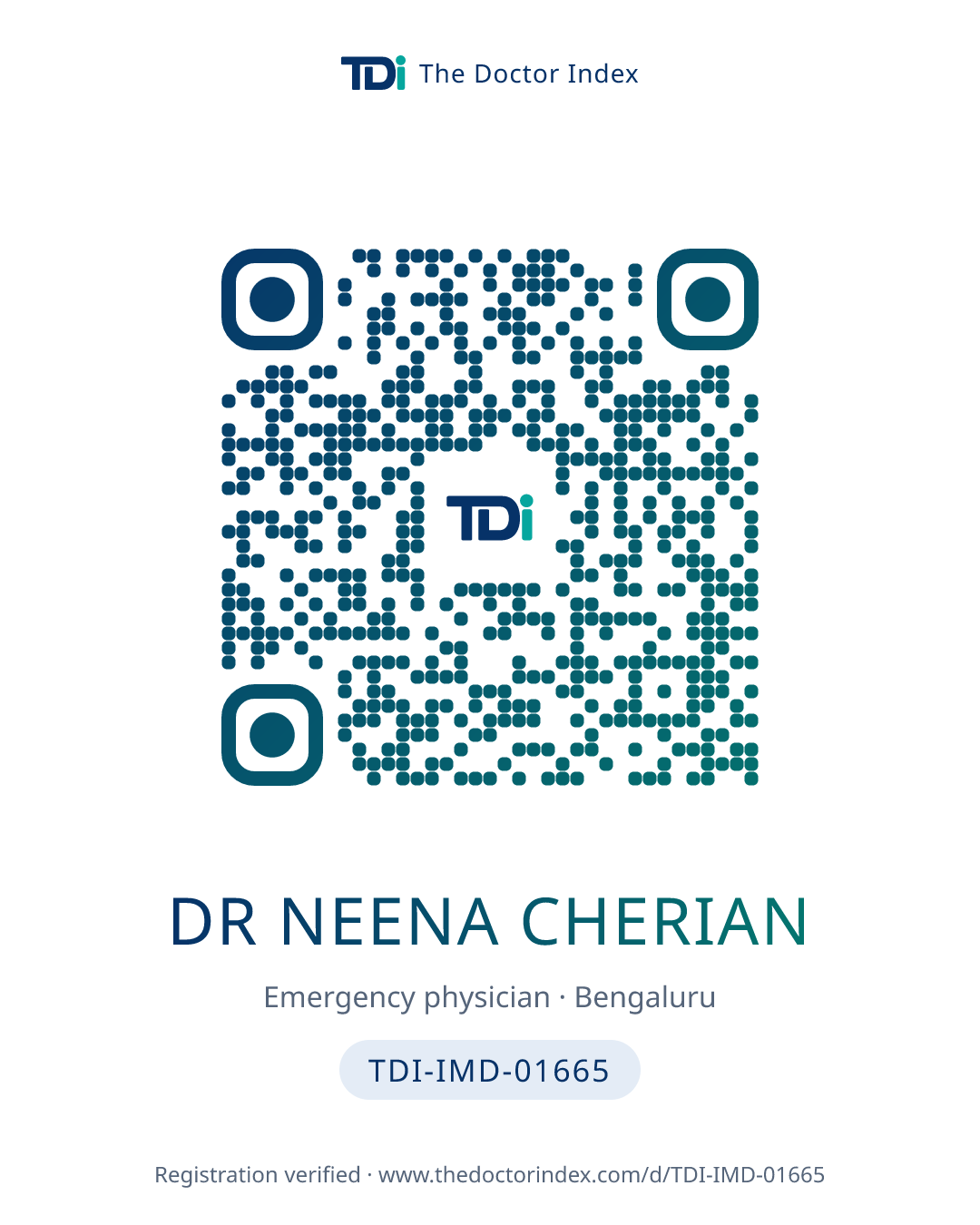 QR card for Dr Neena Cherian, TDI-IMD-01665