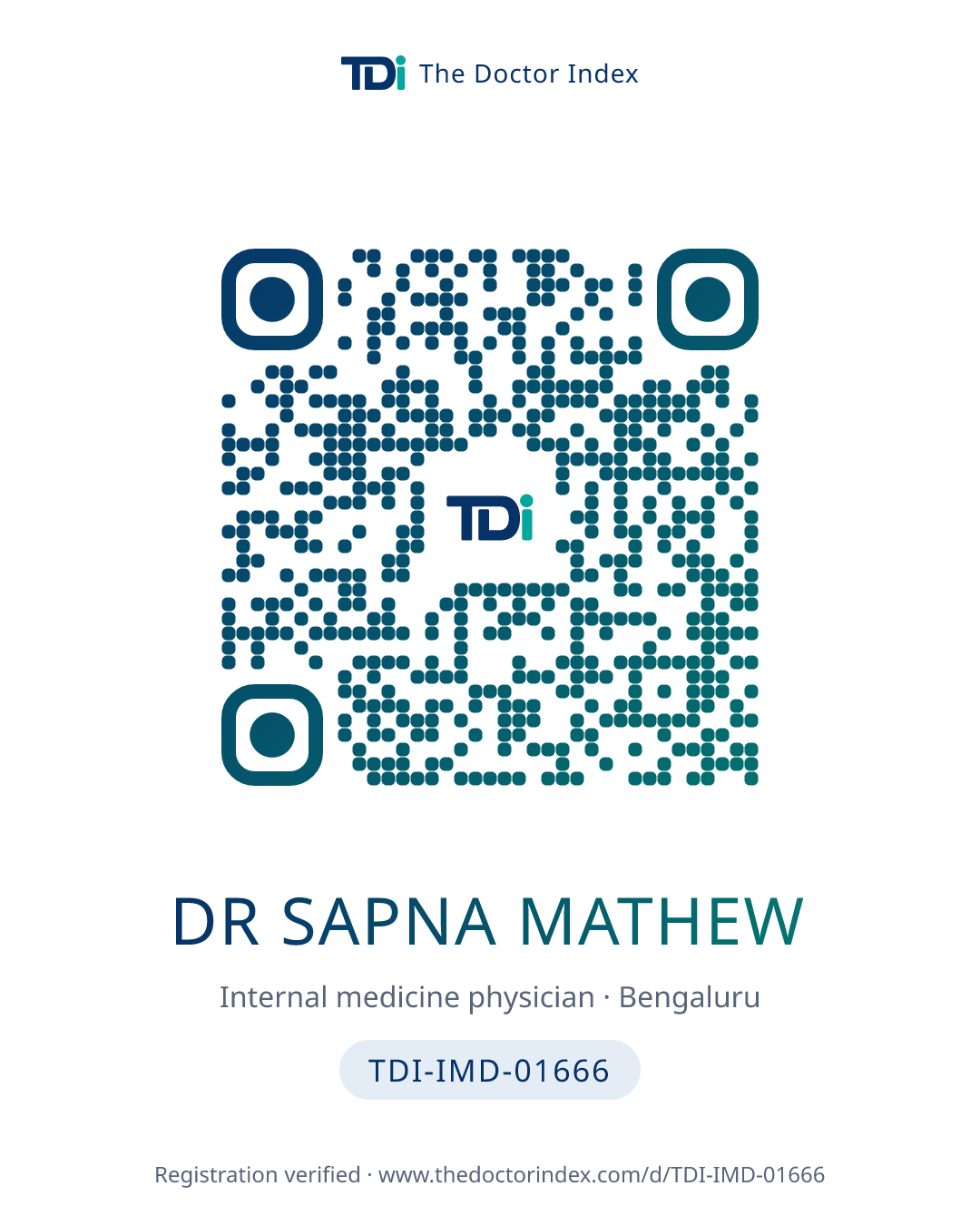 QR card for Dr Sapna Mathew, TDI-IMD-01666
