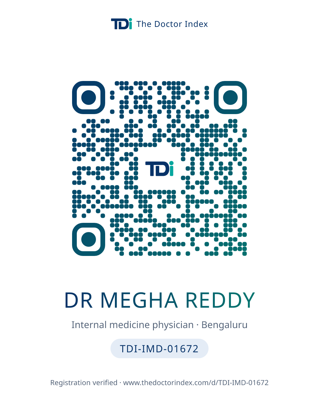 QR card for Dr Megha Reddy, TDI-IMD-01672