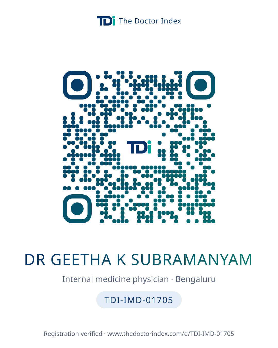 QR card for Dr Geetha K Subramanyam, TDI-IMD-01705