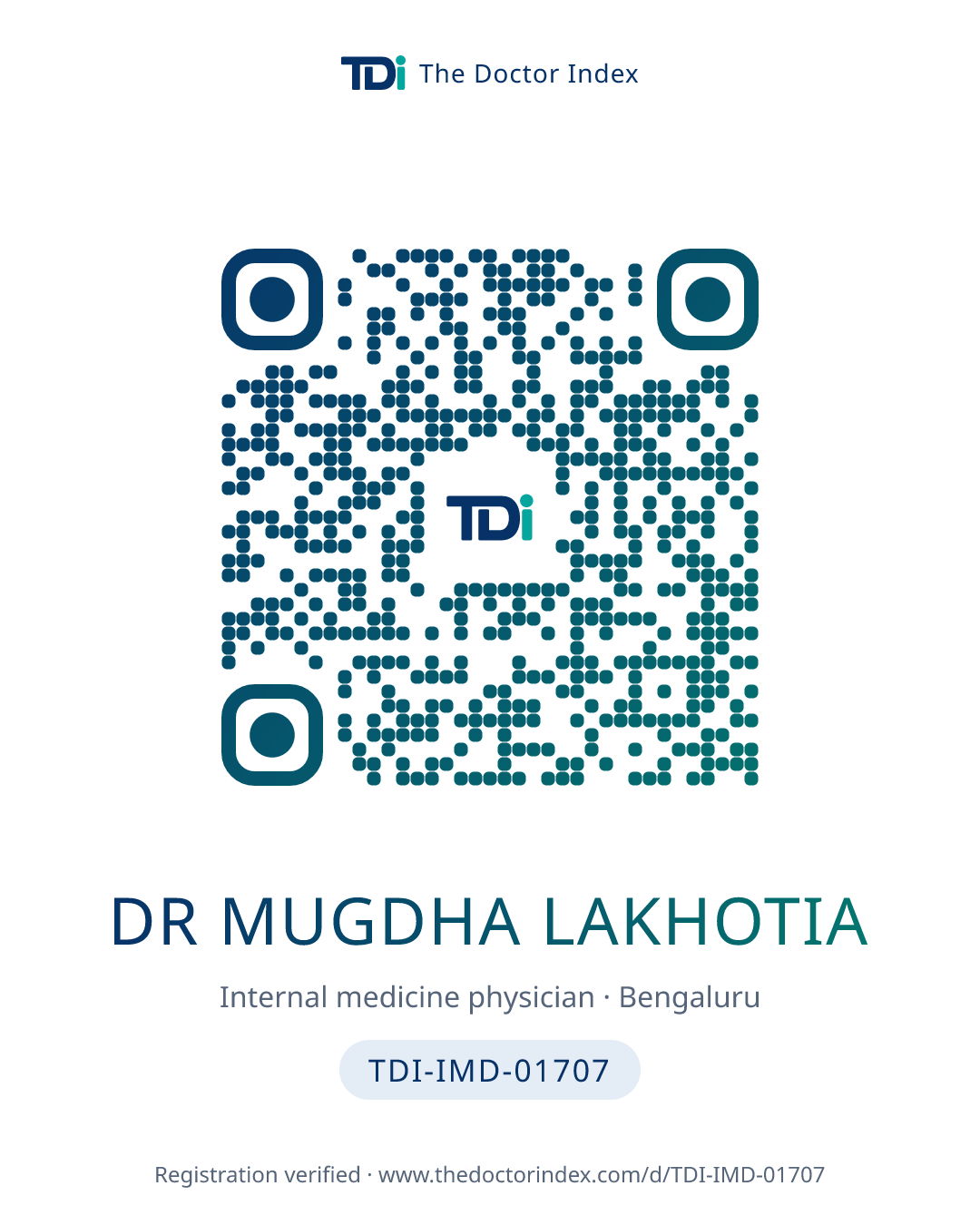 QR card for Dr Mugdha Lakhotia, TDI-IMD-01707