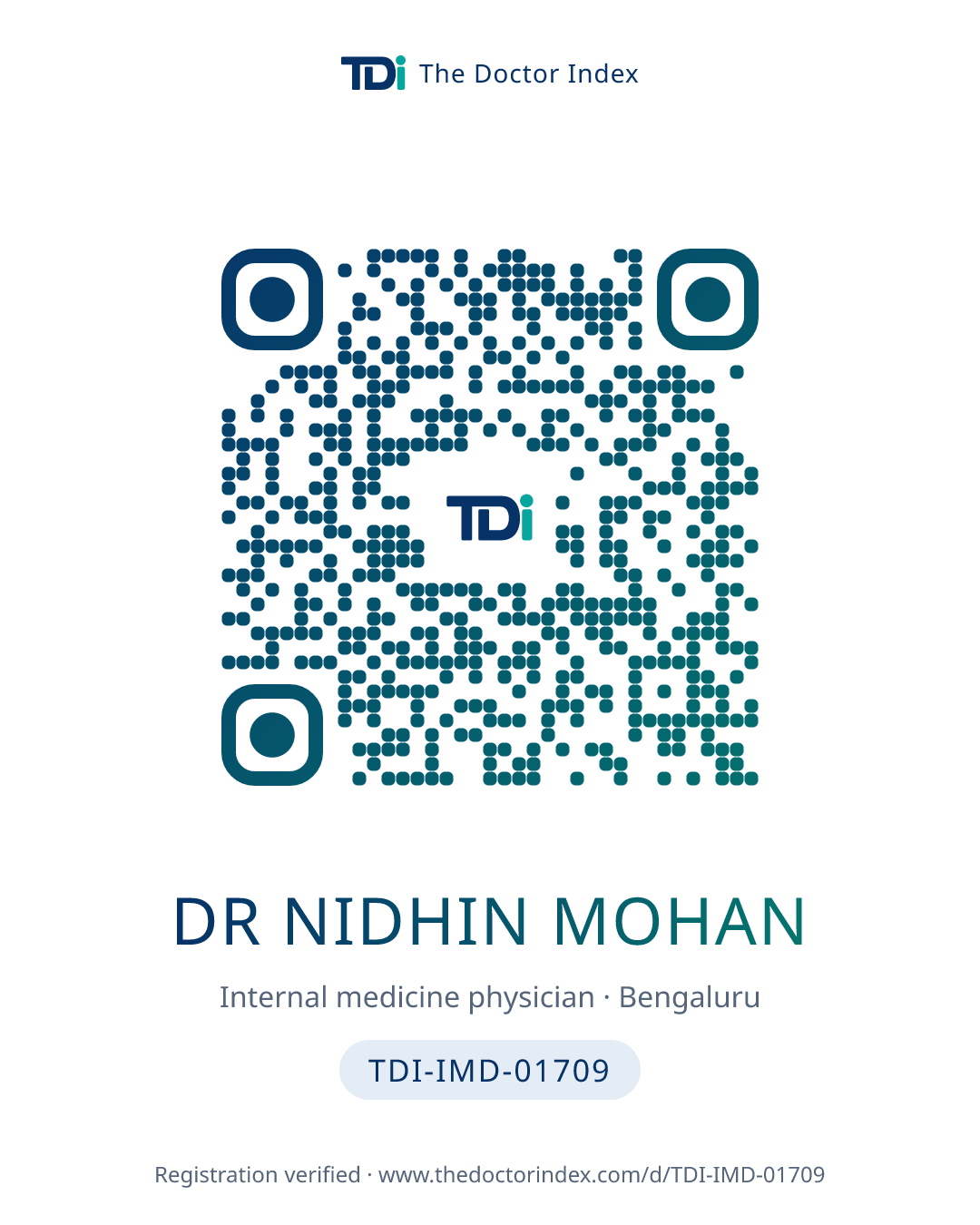 QR card for Dr Nidhin Mohan, TDI-IMD-01709