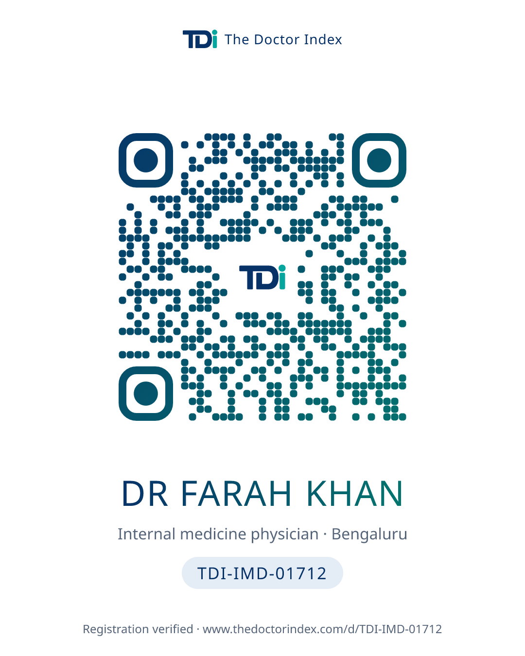 QR card for Dr Farah Khan, TDI-IMD-01712