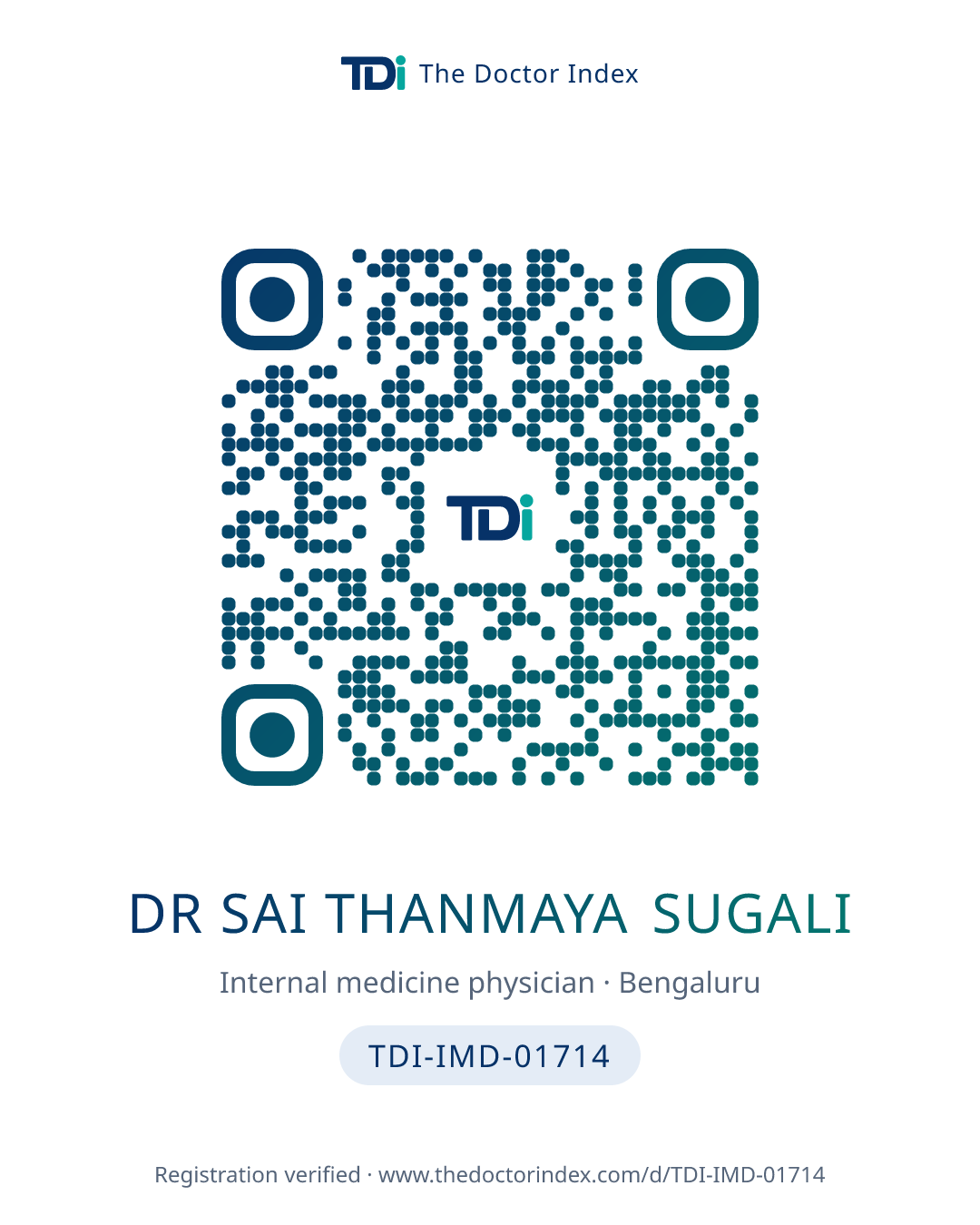 QR card for Dr Sai Thanmaya Sugali, TDI-IMD-01714