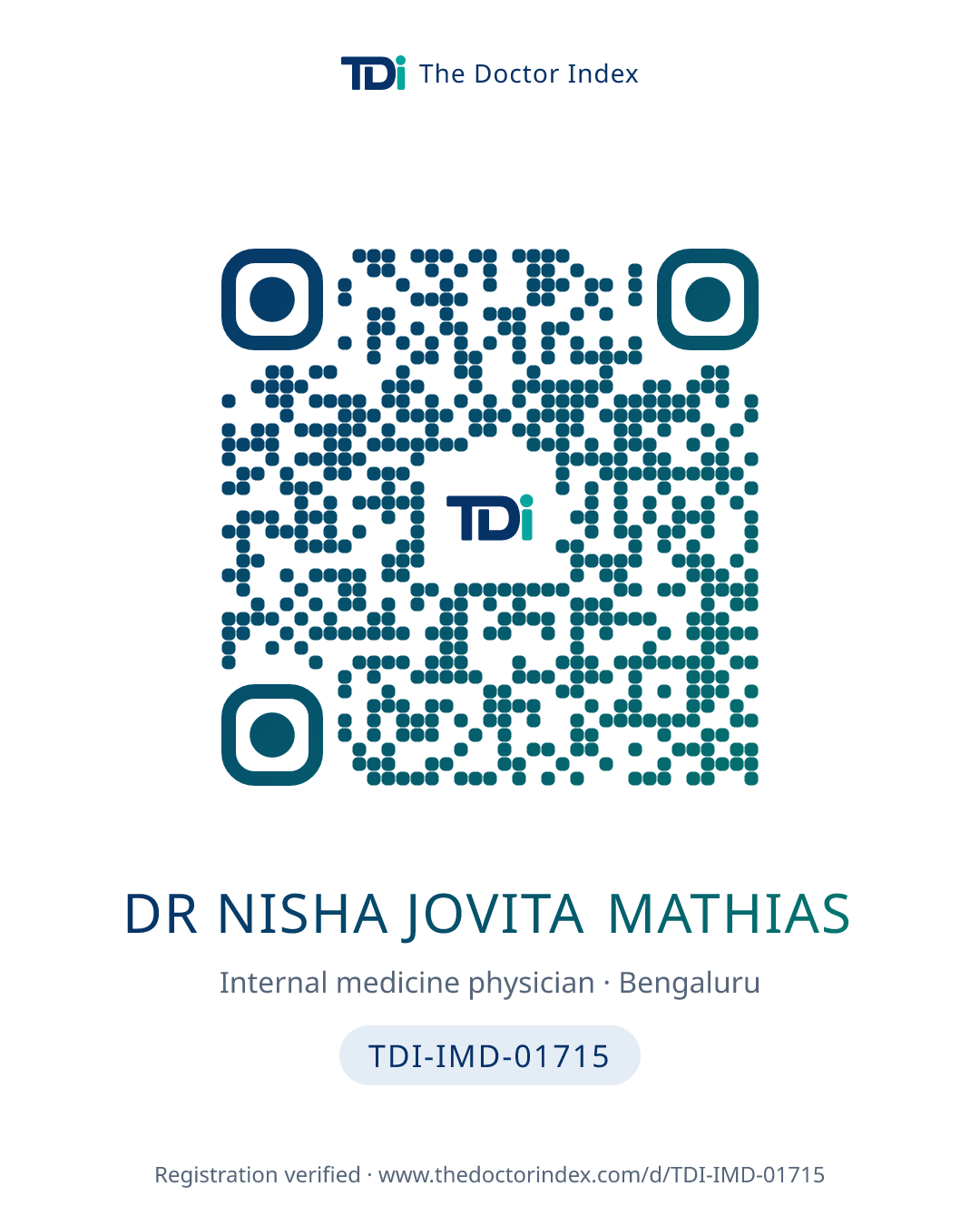 QR card for Dr Nisha Jovita Mathias, TDI-IMD-01715