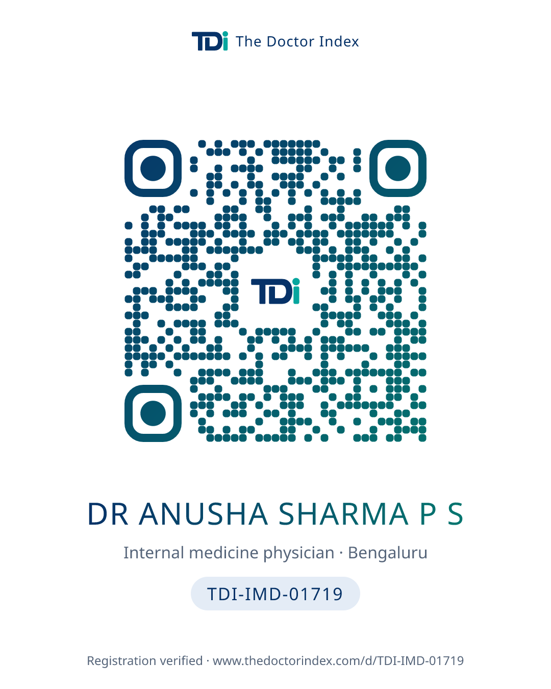 QR card for Dr Anusha Sharma P S, TDI-IMD-01719