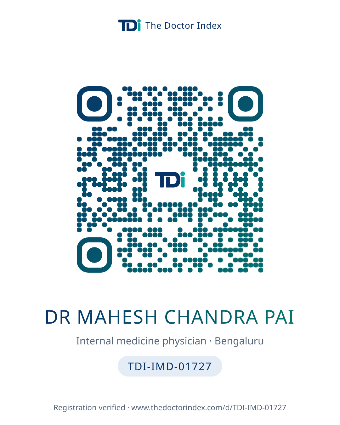 QR card for Dr Mahesh Chandra Pai, TDI-IMD-01727