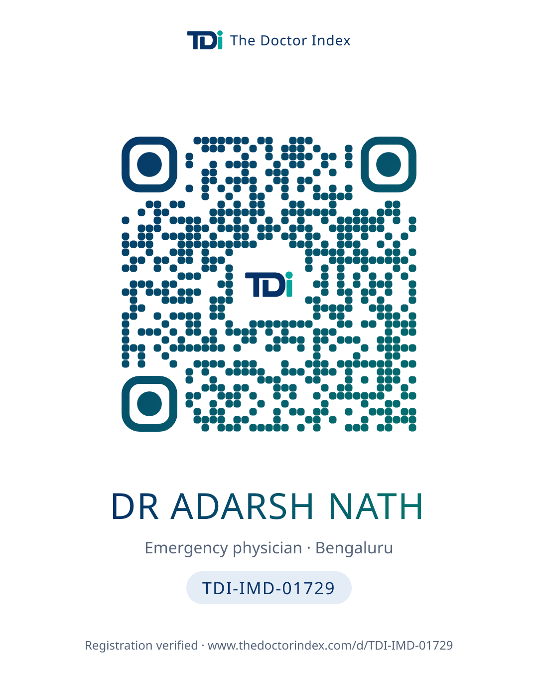 QR card for Dr Adarsh Nath, TDI-IMD-01729