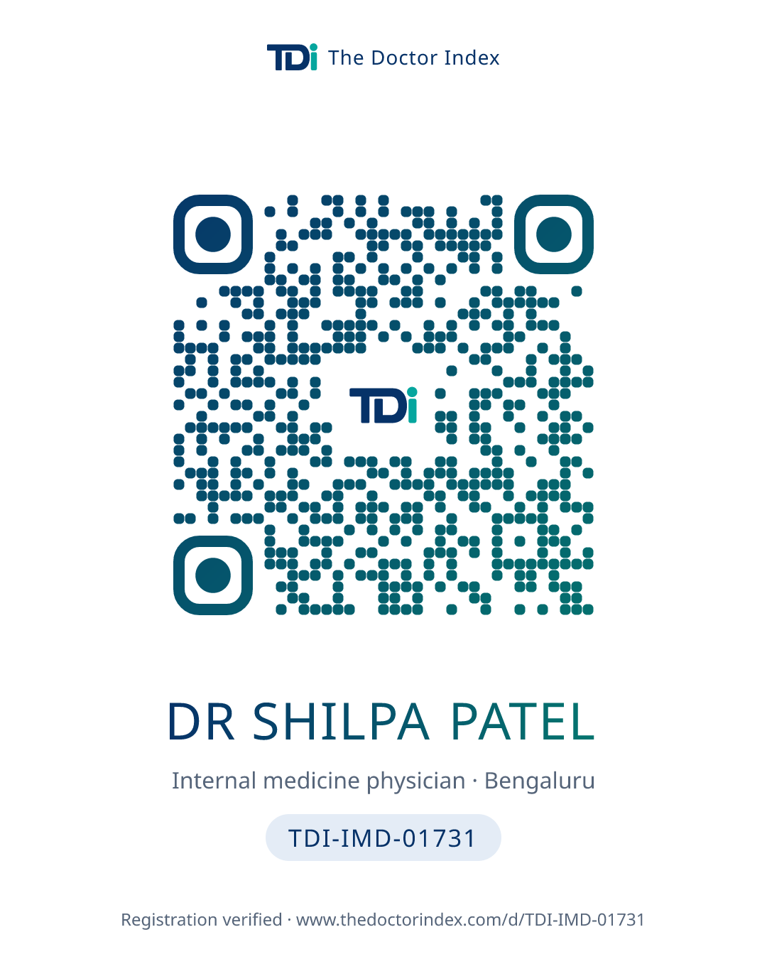 QR card for Dr Shilpa Patel, TDI-IMD-01731