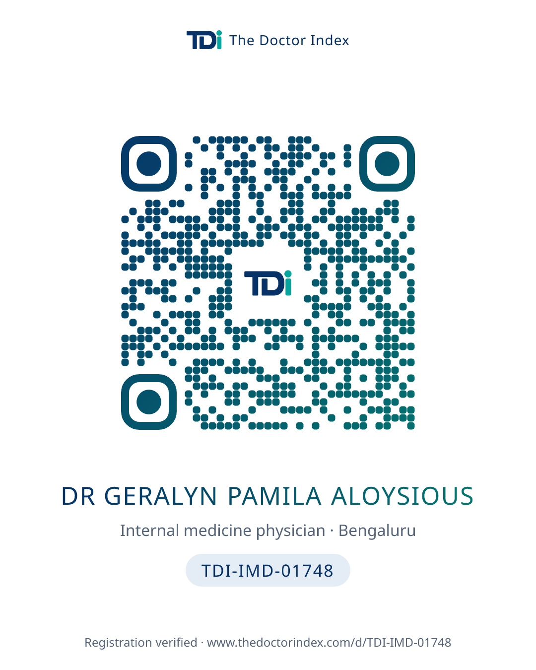 QR card for Dr Geralyn Pamila Aloysious, TDI-IMD-01748