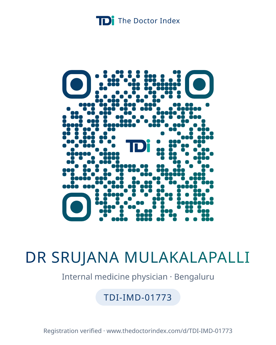 QR card for Dr Srujana Mulakalapalli, TDI-IMD-01773