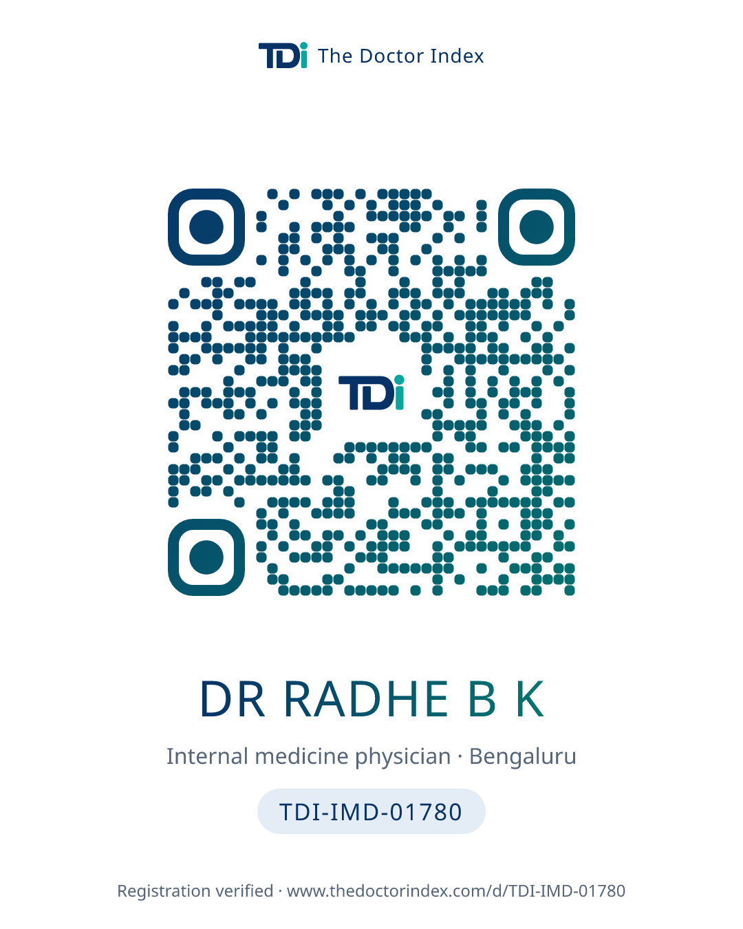 QR card for Dr Radhe B K, TDI-IMD-01780