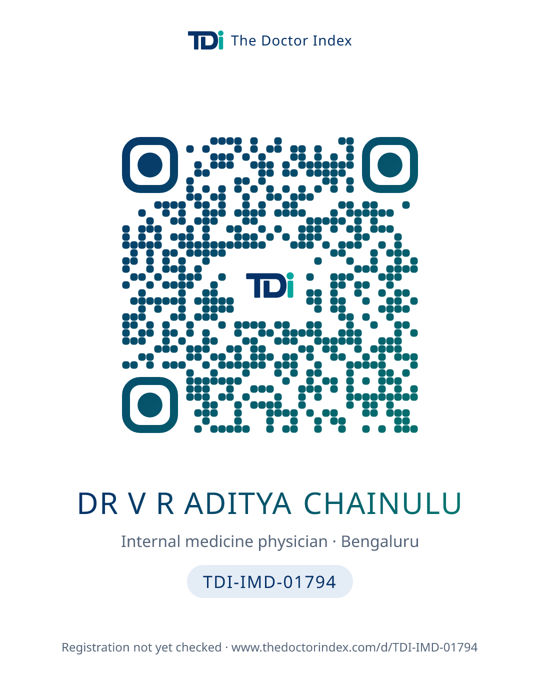 QR card for Dr V R Aditya Chainulu, TDI-IMD-01794
